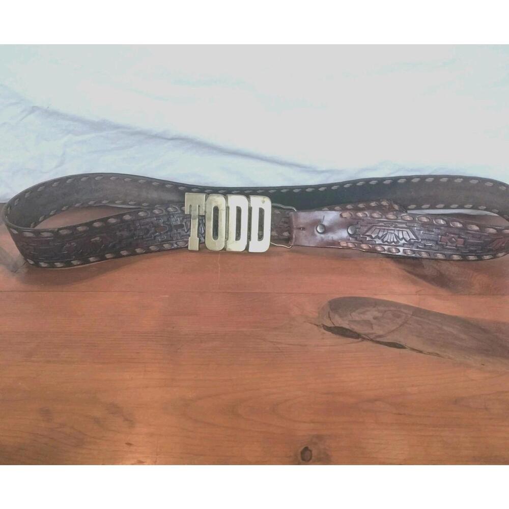 1970 TODD Belt Buckle Brass Letters Western Trucker Cowhide Belt Size 32-42
